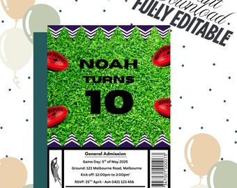 May include: A birthday invitation with a green field background, featuring the text "NOAH TURNS 10". Includes red footballs and the words "Instant Download, Fully Editable". Additional text provides event details.