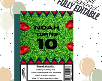 May include: An invitation card with a green field background, red footballs, and the text "NOAH TURNS 10". The card includes event details: Game Day 5th of May 2025, 123 Melbourne Road, Melbourne, and RSVP information.