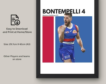 May include: A printable poster featuring a photo of a football player in a blue and red uniform with the text "BONTEMPELLI 4" and "Western Bulldogs FC". The poster is 29.7 cm by 42 cm (A3 size).