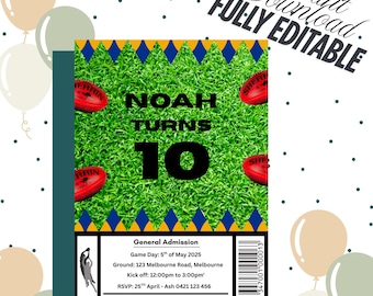 May include: A birthday invitation with a green field background, featuring the text "Noah Turns 10". Includes red footballs and a section with event details. The words "Instant Download, Fully Editable" are also present.