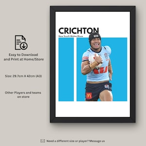 Stephen Crichton Instant Download Wall Art, New South Wales Blues NRL, NRL Wall Decor, Digital Art, NSW Blues Art Print, State of Origin