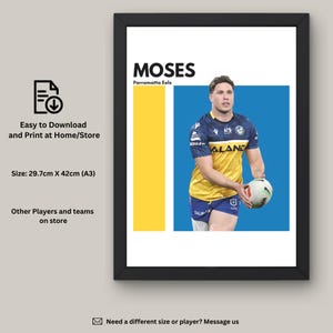May include: A printable poster featuring a rugby player in a blue and yellow jersey, holding a rugby ball. The poster is titled "MOSES Parramatta Eels" and includes the player's name and team. The poster is 29.7 cm by 42 cm (A3 size).