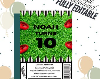 May include: A birthday invitation with a green field background, red footballs, and the text "NOAH TURNS 10." The invitation includes details for a 2025 AFL Game Day Birthday, with the text "Instant Download, Fully Editable."