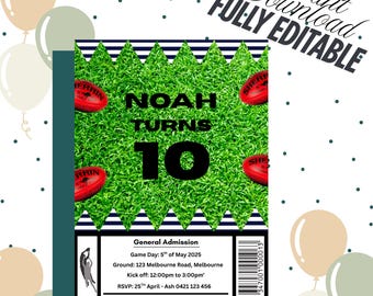 May include: A birthday invitation with a green field background and red footballs. The text "NOAH TURNS 10" is displayed in bold black letters. The invitation includes event details and the text "Instant Download, Fully Editable".