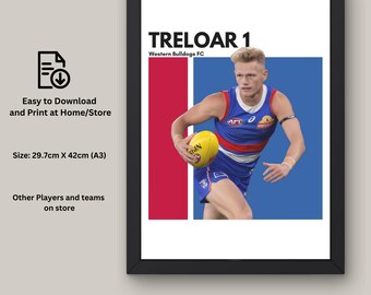 May include: Framed print featuring a football player in a blue, red, and white uniform, holding a yellow football. The print includes the text "TRELOAR 1" and "Western Bulldogs FC". The size is 11.7 inches x 16.5 inches (A3).