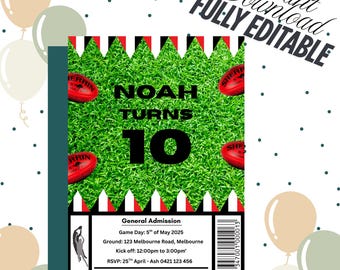 May include: A birthday invitation with a green grass background, red footballs, and the text "NOAH TURNS 10." The invitation includes event details and the text "2025 AFL Game Day Birthday." Balloons and confetti are in the background.