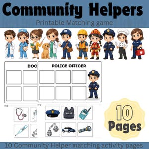 Puede incluir: Un juego de asociación imprimible titulado Community Helpers que presenta ilustraciones de varios profesionales, incluidos un médico, enfermero, cartero, obrero, bombero, policía y chef, con páginas de actividades e iconos para emparejar.
