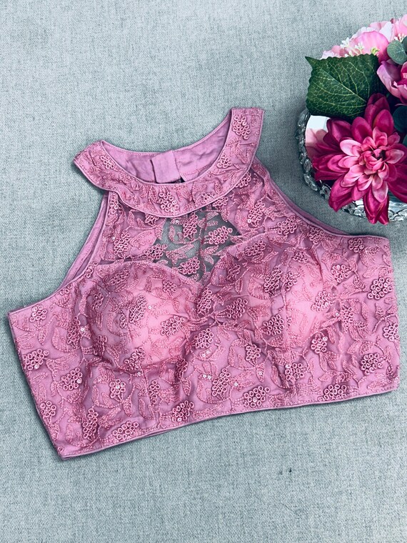 Pink : Halter neck embroidered blouse
