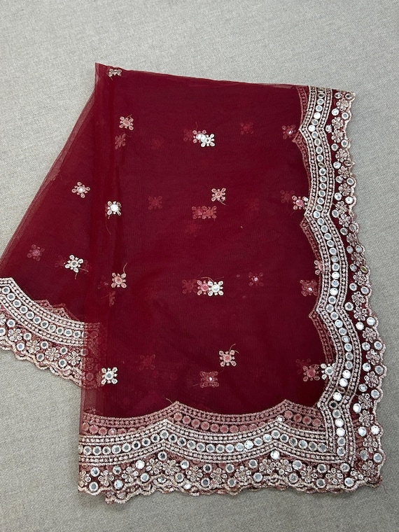 Fancy net dupatta: maroon with light gold work