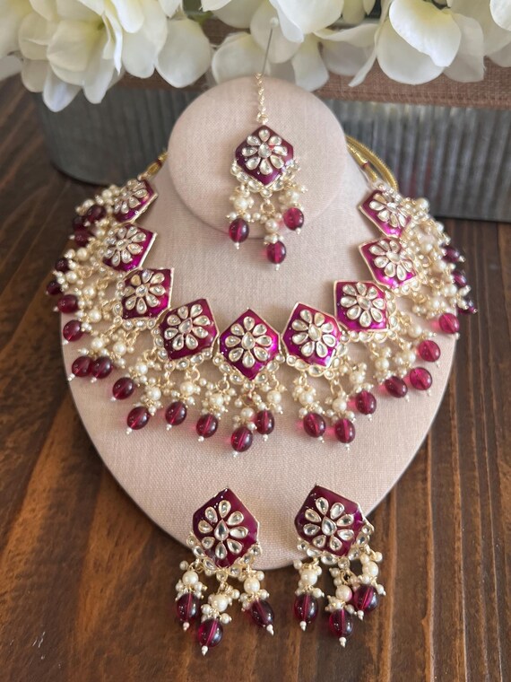 Kundan Necklace Set Gold Plated | Indian Bridal Polki Jewelry | Wedding Necklace Earrings & Maang Tikka | Ethnic Festive Jewelry