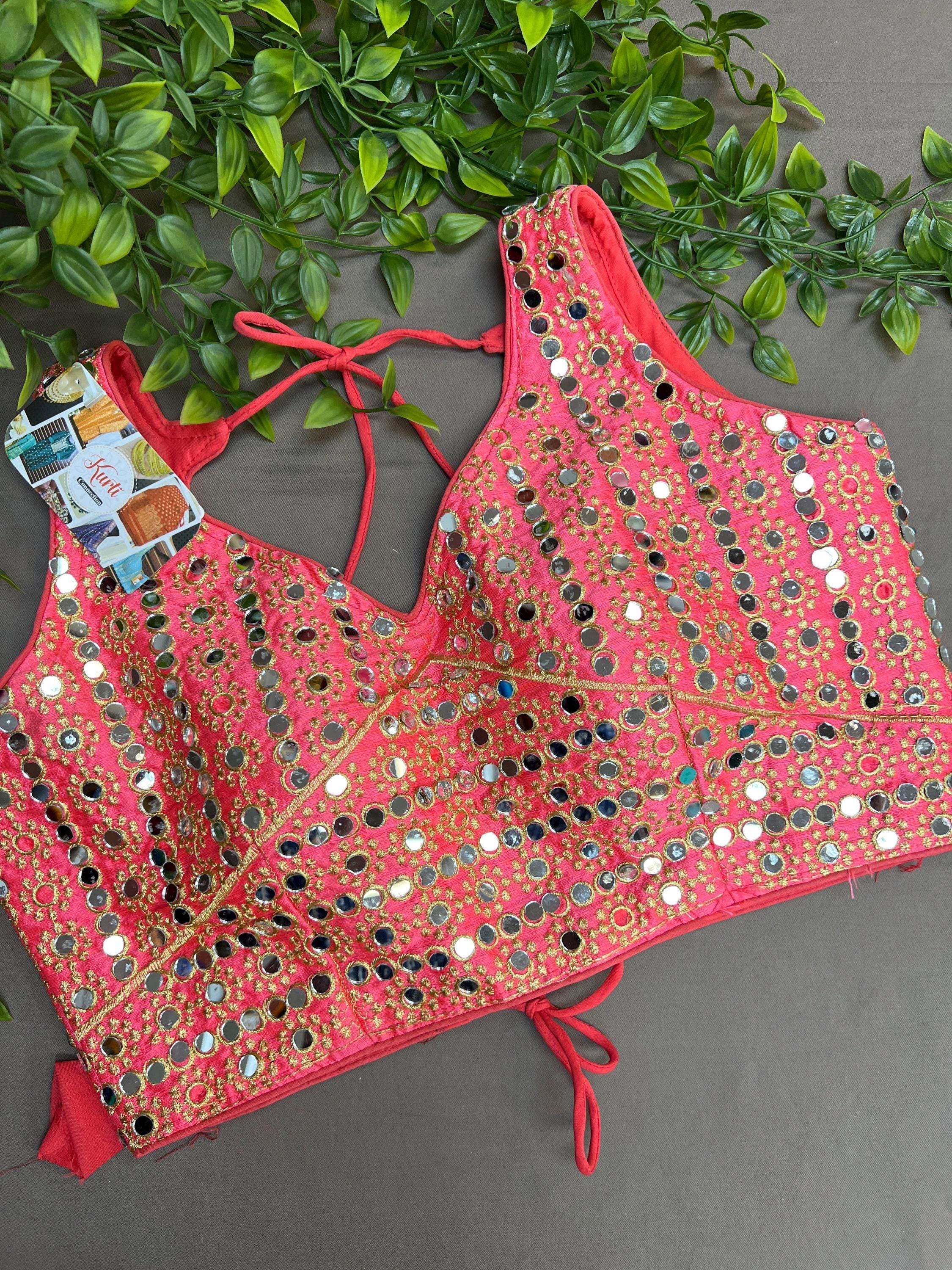 Women's Indian Ethnic Pink Mirror Work Crop Top - Sleeveless Embroidered Blouse, X-Small