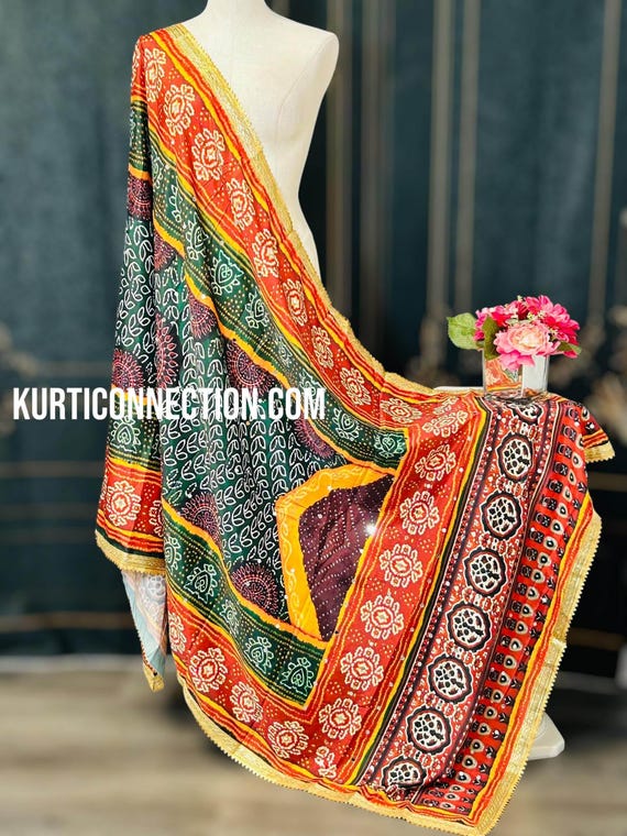 Mirror work dupatta, multicolored silk dupatta
