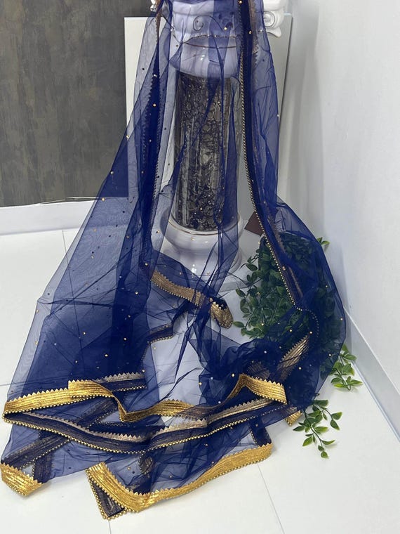 Dark blue Net dupatta with heavy lace