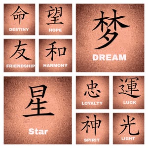 May include: A collage of nine squares with a textured background. Each square features a Chinese character with its English translation below. The characters represent concepts like destiny, hope, friendship, harmony, dream, loyalty, luck, star, spirit, and light.