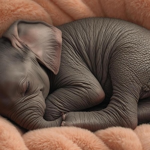 Puede incluir: Primer plano de un elefante bebé durmiendo, acurrucado en una cama melocotón y esponjosa. La piel gris del elefante tiene arrugas detalladas y orejas grandes. La imagen destaca la textura de la piel del elefante y la suavidad de la ropa de cama.