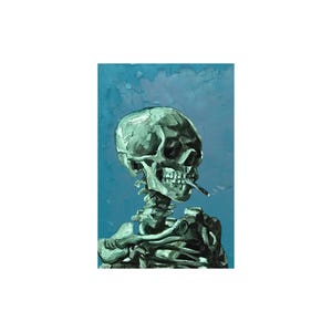 May include: An oil painting of a skeleton smoking a cigarette, set against a blue background. The skull and skeletal structure are rendered in shades of green and gray, with visible brushstrokes. The artwork evokes a sense of mortality and artistic expression.