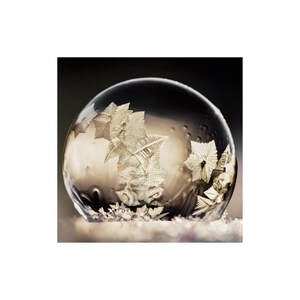 May include: A close-up of a clear, spherical bubble with intricate, crystalline structures resembling snowflakes inside. The bubble is set against a blurred, dark background, with a hint of snow at the base.