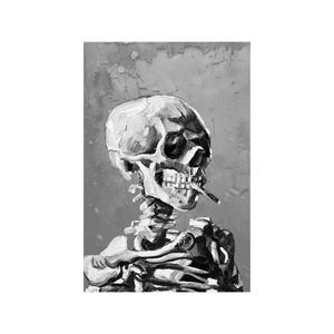 May include: Black and white painting of a human skeleton smoking a cigarette. The skull is detailed with visible bone structure and shadows. The background is a textured gray, adding depth to the artwork.