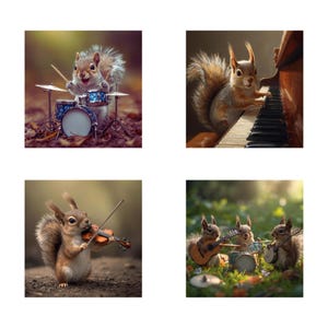 Könnte beinhalten: Vier Bilder von Eichhörnchen, die Musikinstrumente spielen. Ein Eichhörnchen spielt Schlagzeug, ein anderes Klavier, ein drittes Geige und die letzten drei Gitarre, Schlagzeug und Banjo. Die Eichhörnchen sind vor natürlichen Hintergründen platziert.