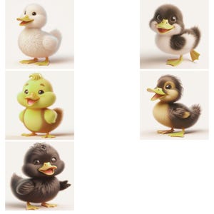 May include: Five cartoon ducklings are depicted, each with fluffy feathers and yellow beaks and feet. The ducklings are in different colours, including white, black, yellow, and brown. They are all standing.