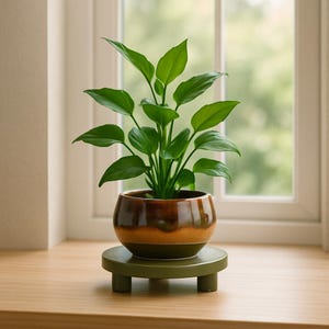 Puede incluir: Una planta de interior con hojas verdes vibrantes en una maceta de cerámica marrón y naranja. La maceta descansa sobre un pequeño soporte redondo verde oliva con tres patas cortas. La escena está cerca de una ventana.