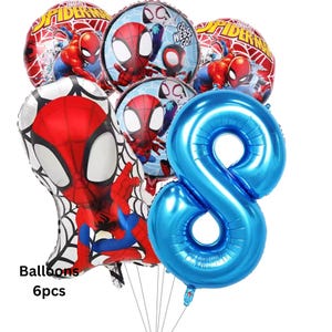 May include: A set of six foil balloons featuring Spider-Man graphics, including two round balloons with the text "Spider-Man", two round balloons with the text "Go Webs Go", one large shaped Spider-Man balloon, and one large blue number eight balloon.