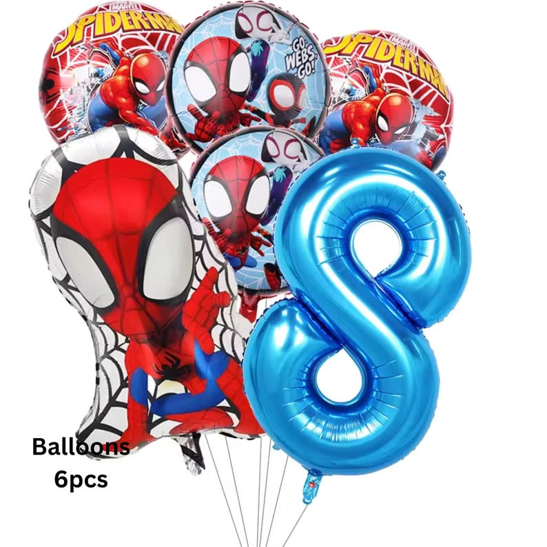May include: A set of six foil balloons featuring Spider-Man graphics, including two round balloons with the text "Spider-Man", two round balloons with the text "Go Webs Go", one large shaped Spider-Man balloon, and one large blue number eight balloon.