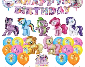 My Little Pony Birthday Party Decor Set, Cartoon Balloons Banner Cake Toppers Keychain