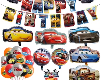 Cars Theme Birthday Party Decor Set, Cartoon Balloons, Banner, Cake Toppers