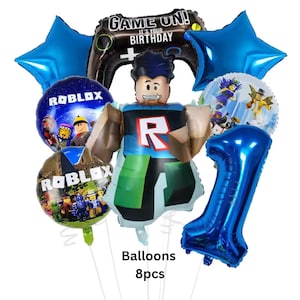 Op de afbeelding: Een verzameling van acht kleurrijke ballonnen, waaronder een blauwe nummer één, stervormige ballonnen en karakterballonnen. De ballonnen tonen het Roblox-logo en de tekst "Game On! It's Your Birthday."