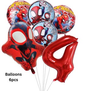 May include: A set of six foil balloons featuring Spider-Man imagery. The collection includes two round balloons with Spider-Man graphics, two round balloons with the text Go Webs Go, one shaped Spider-Man balloon, and one large red number four balloon.