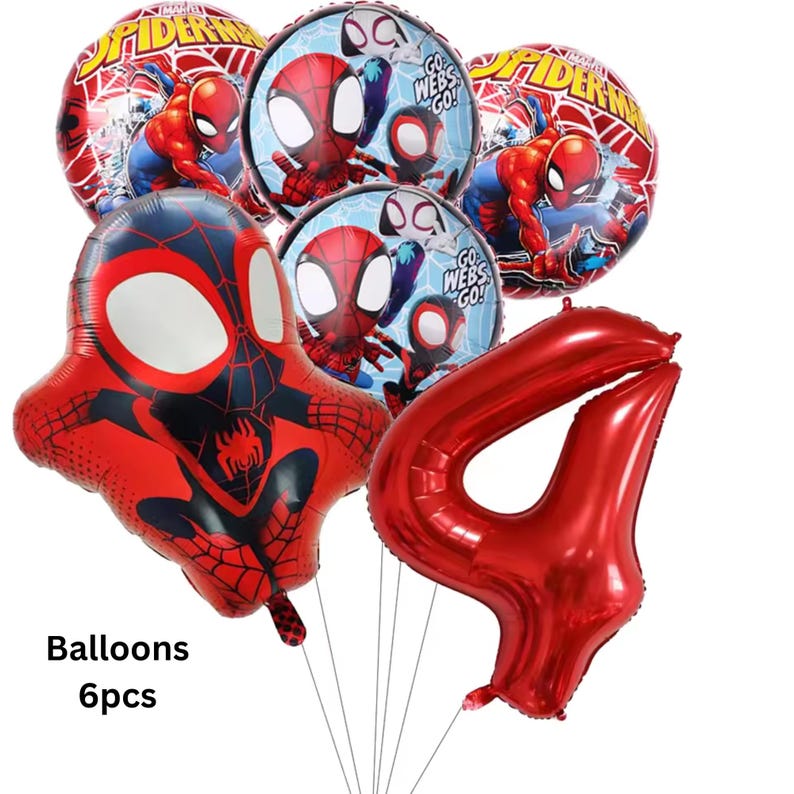 May include: A set of six foil balloons featuring Spider-Man imagery. The collection includes two round balloons with Spider-Man graphics, two round balloons with the text Go Webs Go, one shaped Spider-Man balloon, and one large red number four balloon.