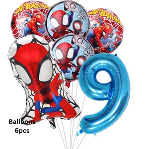 May include: A set of 6 balloons featuring Marvel Spider-Man graphics, including two round balloons with the text Go Webs Go, two round Spider-Man character balloons, one large shaped Spider-Man balloon, and one large metallic blue number 9 balloon.