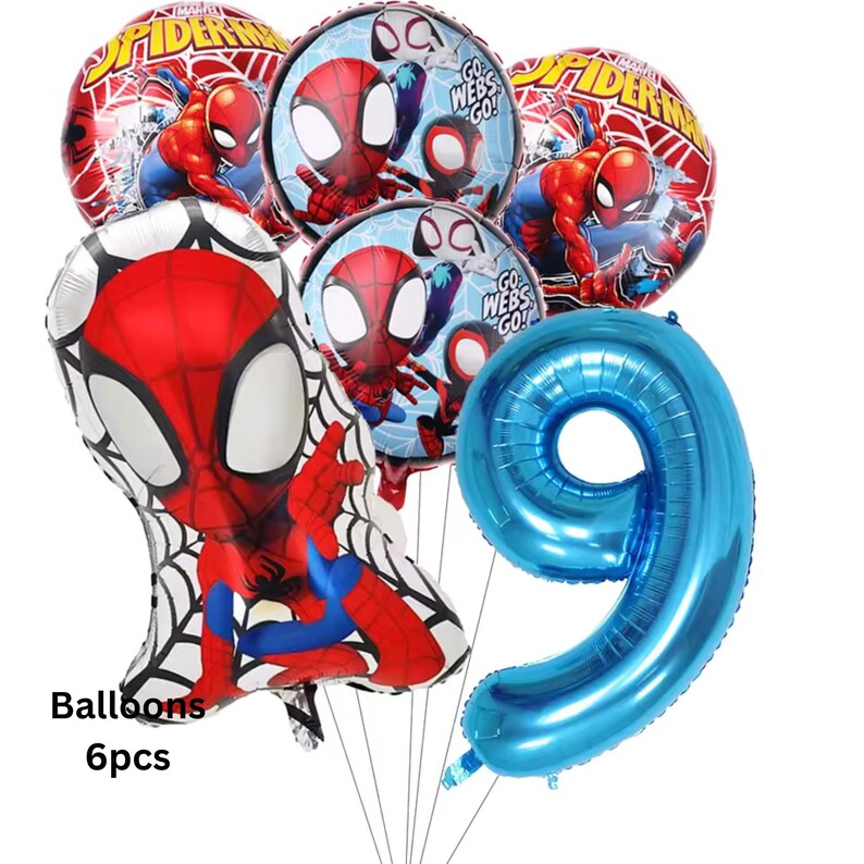 May include: A set of 6 balloons featuring Marvel Spider-Man graphics, including two round balloons with the text Go Webs Go, two round Spider-Man character balloons, one large shaped Spider-Man balloon, and one large metallic blue number 9 balloon.