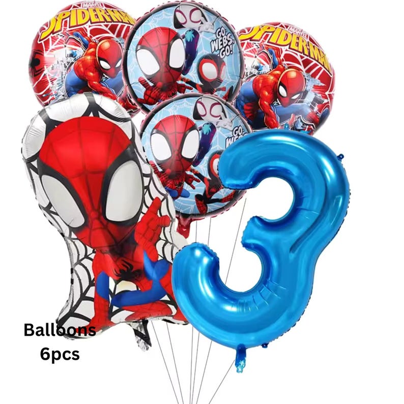 May include: A set of six foil balloons featuring Spider-Man graphics, including two round balloons with the text "Spider-Man", two round balloons with the text "Go Webs Go", one large shaped Spider-Man balloon, and one large blue number three balloon.
