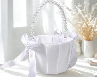 Romantic White Flower Girl Basket with Pearl Handle, Satin Silk Wedding Petal Basket