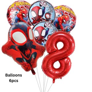 May include: A set of six foil balloons featuring Marvel Spider-Man graphics, including two round balloons with Spider-Man, two round balloons with Ghost-Spider and the text Go Webs Go, one shaped Spider-Man balloon, and one large red number eight balloon.