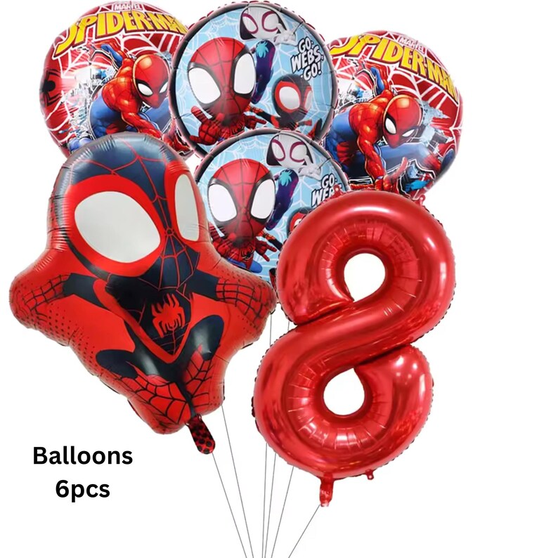 May include: A set of six foil balloons featuring Marvel Spider-Man graphics, including two round balloons with Spider-Man, two round balloons with Ghost-Spider and the text Go Webs Go, one shaped Spider-Man balloon, and one large red number eight balloon.