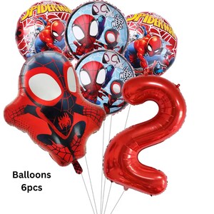 May include: A set of six foil balloons featuring Marvel Spider-Man graphics, including two round balloons with web patterns, two round balloons with character illustrations and the text Go Webs Go, one shaped Spider-Man balloon, and one red number two balloon.
