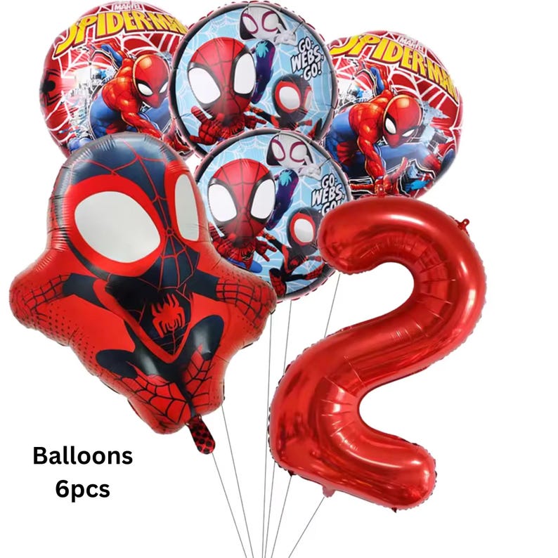 May include: A set of six foil balloons featuring Marvel Spider-Man graphics, including two round balloons with web patterns, two round balloons with character illustrations and the text Go Webs Go, one shaped Spider-Man balloon, and one red number two balloon.