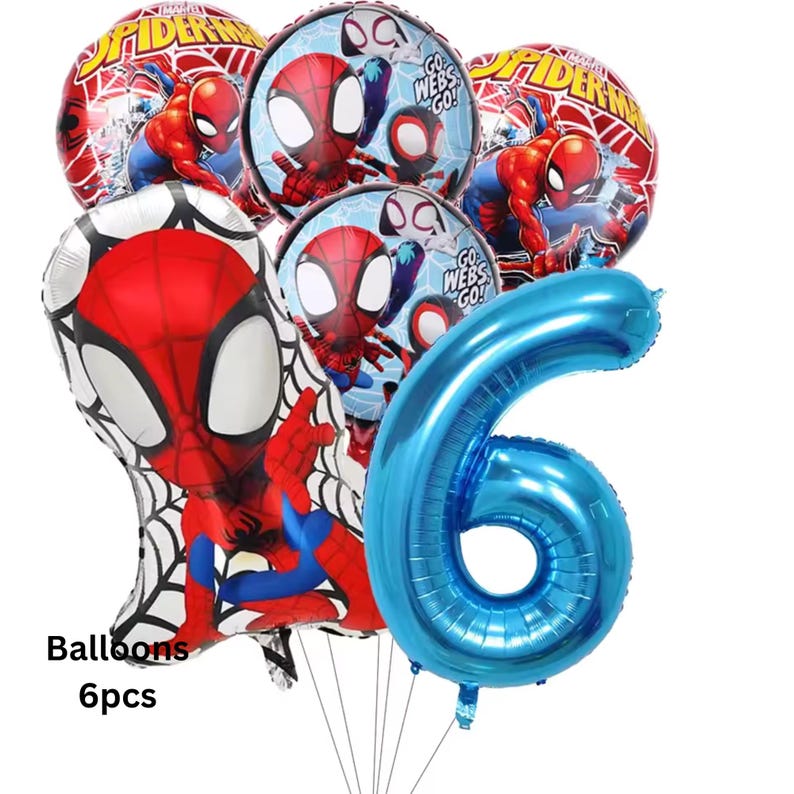 May include: A set of six foil balloons featuring Marvel Spider-Man graphics, including two round balloons with the text Go Webs Go, two round Spider-Man character balloons, one large shaped Spider-Man balloon, and one large metallic blue number six balloon.