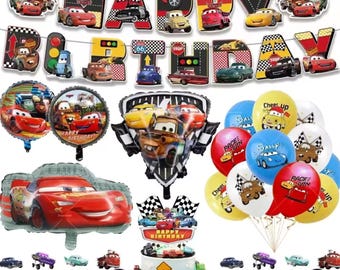 Cars Birthday Party Decor Set, Cartoon Balloons, Banner, Cake Toppers