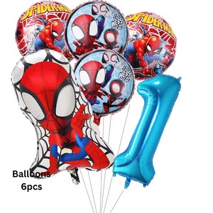 May include: A set of six foil balloons featuring Spider-Man characters. The collection includes two round balloons with Spider-Man graphics, two round balloons with the text Go Webs Go, one large Spider-Man shaped balloon, and one blue number one balloon.