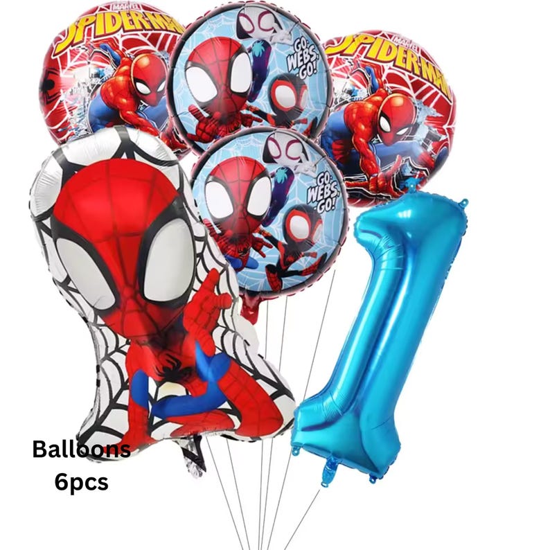 May include: A set of six foil balloons featuring Spider-Man characters. The collection includes two round balloons with Spider-Man graphics, two round balloons with the text Go Webs Go, one large Spider-Man shaped balloon, and one blue number one balloon.