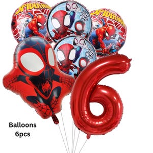 May include: A set of six foil balloons featuring Marvel Spider-Man graphics, including two round balloons with Spider-Man, two round balloons with the text Go Webs Go, one shaped Spider-Man balloon, and one large metallic red number six balloon.