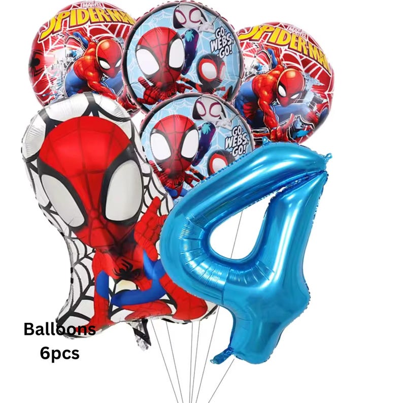 May include: A set of six foil balloons featuring Spider-Man graphics, including two round balloons with the text "Spider-Man", two round balloons with the text "Go Webs Go!", one large Spider-Man shaped balloon, and one blue number four balloon.