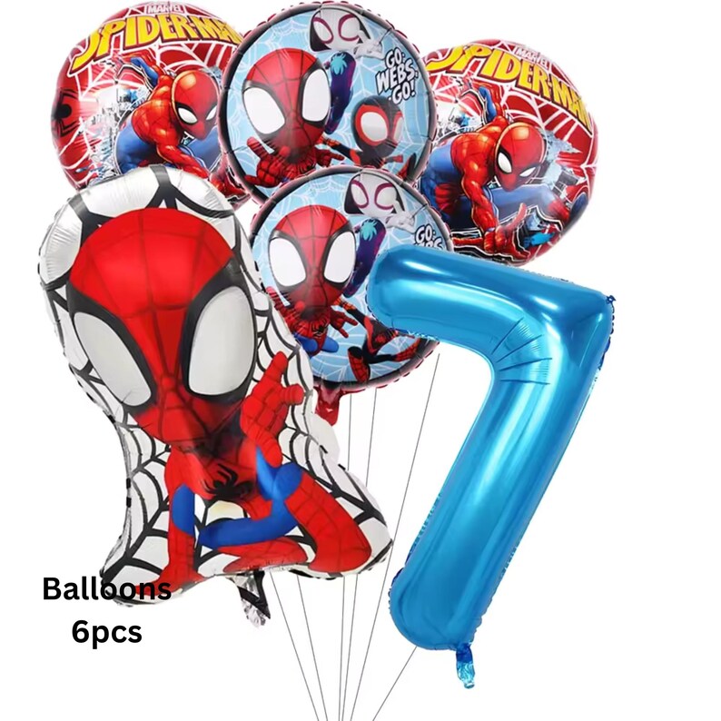 May include: A set of 6 foil balloons featuring Spider-Man graphics, including two round balloons with the text "SPIDER-MAN", two round balloons with the text "GO WEBS GO", one large shaped Spider-Man balloon, and one large blue number 7 balloon.