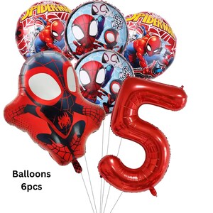 May include: A set of six foil balloons featuring Marvel Spider-Man graphics, including two round balloons with Spider-Man, two round balloons with Spider-Man and Ghost-Spider, one shaped Spider-Man balloon, and one large red number five balloon.