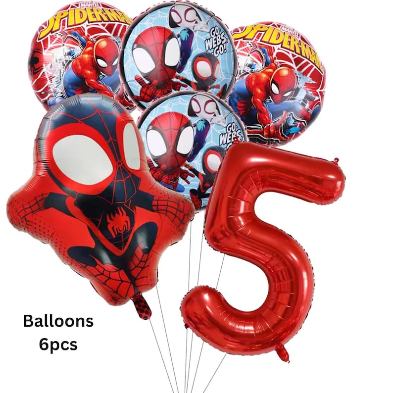 May include: A set of six foil balloons featuring Marvel Spider-Man graphics, including two round balloons with Spider-Man, two round balloons with Spider-Man and Ghost-Spider, one shaped Spider-Man balloon, and one large red number five balloon.