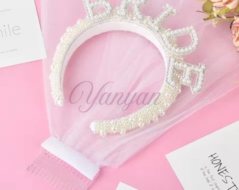 Diadema nupcial de perlas con velo / Elegante accesorio para el cabello de la novia, celebración de boda